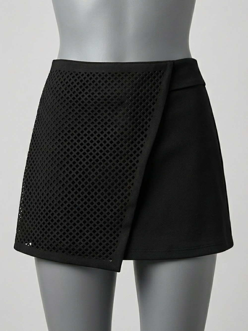Topshop Black Laser Cut Perforated Asymmetrical Wrap Mini Skirt Sz 10